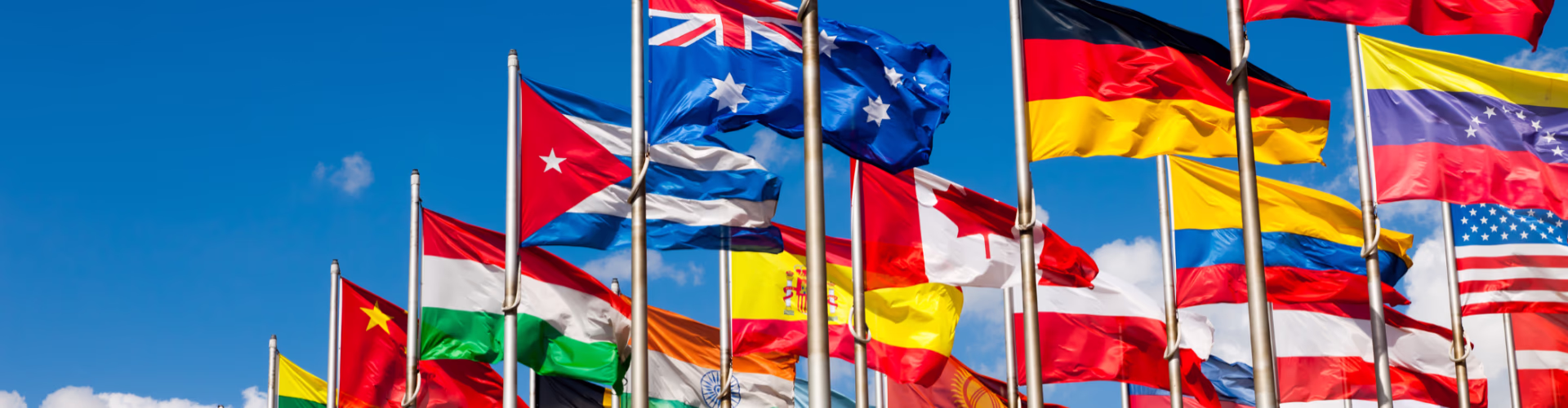 Many national flags waving on poles against a bright blue sky with white clouds.
